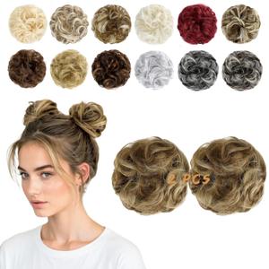 2 PCS Messy Bun Hair Piece Wavy Curly Scrunchies Synthetic Chignon Ponytail Hair Extensions Thick Updo Hairpieces for Women Girls(Ash Blonde Mix Ginger Brown)