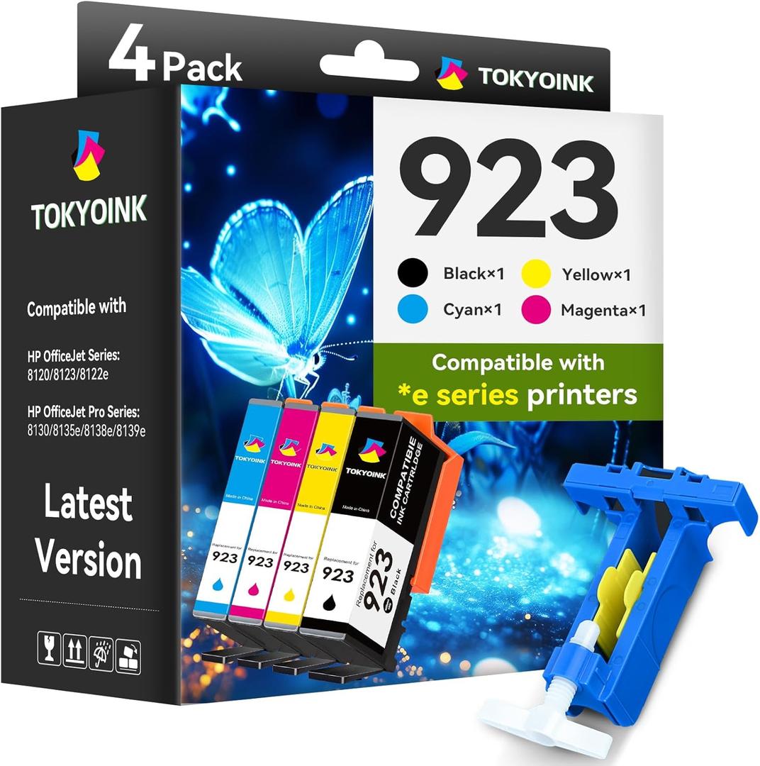 TOKYOINK 923 Ink Cartridges for HP Printers Compatible for HP 923 HP923 Ink Cartridges Work for OfficeJet Pro 8120 8122 8122e 8123 8124 8125 8130 8132 8134 8135e 8138e 8139e Without Chip (4 Pack)