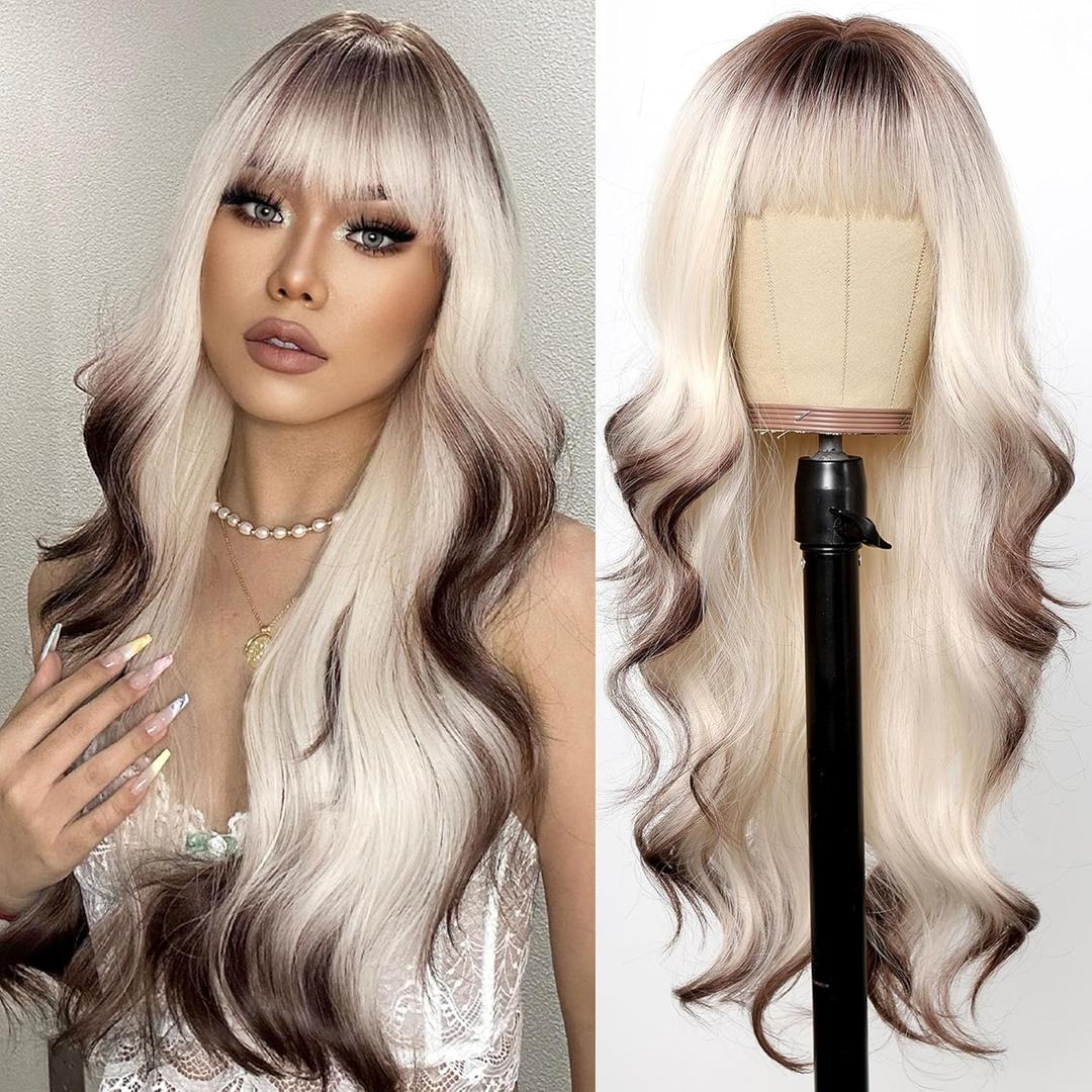 testar Long Platinum Blonde Wavy Wigs For White Women 26 Inch Brown and White Wigs with Bangs Synthetic Blonde Curly Hair For Daily Party Use Hair Replacement