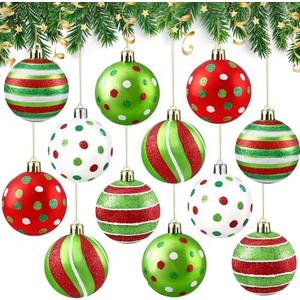 DIYDEC 12pcs Christmas Balls Ornament 3.15Inch Polka Dot Hanging Xmas Balls for Tree Decoration Glittering Red Green and White Plastic Christmas Baubles for Home Indoor Holiday Party Decor
