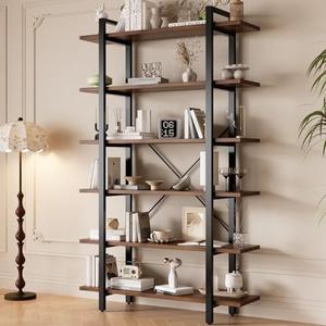 LZ-DONGMAN Solid Wood core Industrial Style Bookcase,Bookshelf with 6 Shelves, Walnut Wood and Black Metal Frame, Large Open Storage Display Unit (Dark Walnut, 6 Tiers)