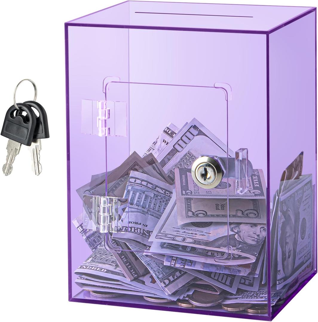 Hicocool Clear Piggy Bank with Lock, Acrylic Piggy Bank for Adults Kids Openable, Reusable Money Saving Box with Key for Birthday (Purple)