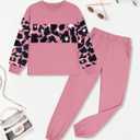Girls Clothes Leopard Patchwork Sweatshirt Elastic Waist Sweatpants with Pockets 2PCs Girls' Clothing Sets (9-10 Years)