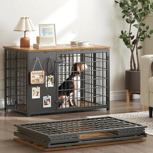 Foldable Dog Crate Furniture, Dog Crate with DIY Frame, Heavy Duty Dog Kennel Indoor with Hooks, Wooden Dog Cage End Table, for Small/Medium Dogs, Rustic Brown and Black DC95BR (37.4"L x 23.6"W x 26"H)