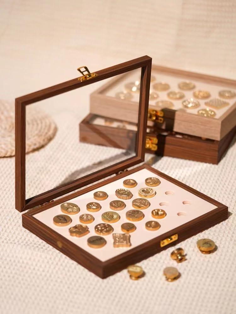 24 Slot Wax Seal Stamp Head Storage Box, Wood See-Through Embossing Letters Alphabet Display-Walnut