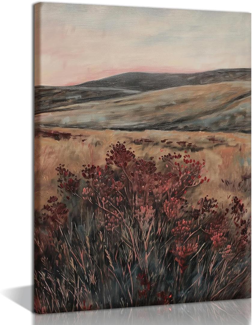 Moody Maroon Wildflowers Canvas Wall Art Antique Red Pastoral Wall Decor Vintage Floral Landscape Art Pictures Wildflowers Oil Paintings Farmhouse Posters Prints Gallery Bedroom Decor 16x24 Inch