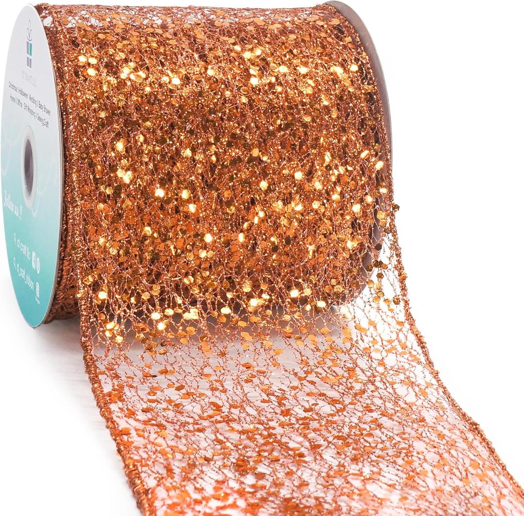 CT CRAFT LLC Sparkling Glitter Mesh Wired Ribbon 4" x 10 Yards Bronze Orange for Christmas Home Decor Bow Gift Wrapping DIY Crafts Wreath