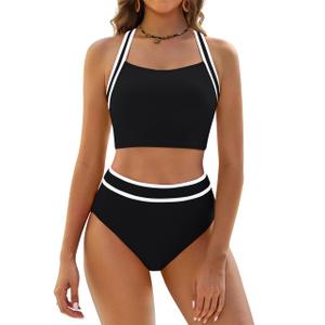 BMJL Women's High Waisted Bikini Sets Two Piece Swimsuits Sporty Tummy Control Bathing Suit Color Block Swim Suit M