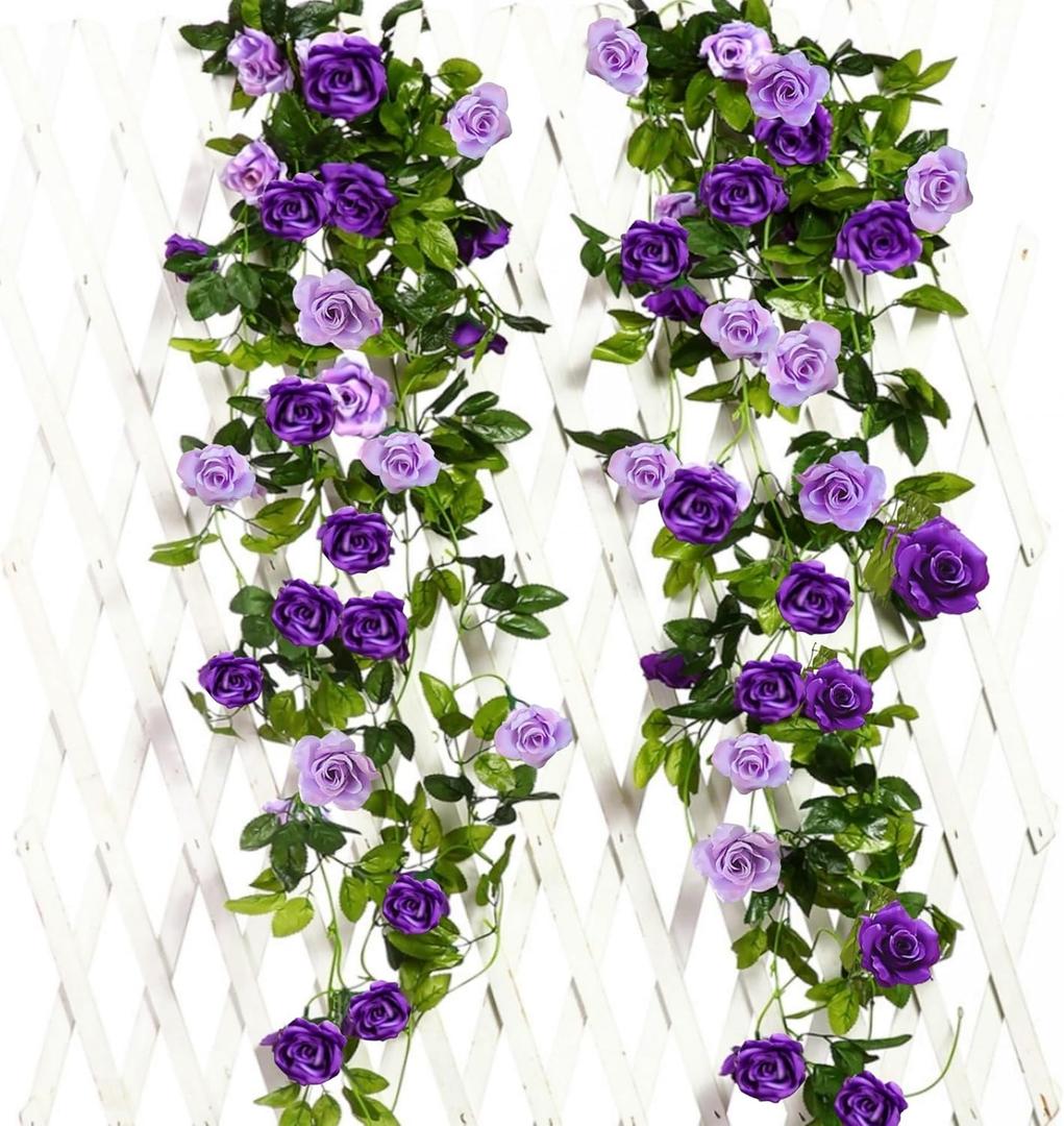 JUSTOYOU 2 Pack (15.8FT) Fake Rose Garland, Artificial Roses Vines Flower Garland Hanging Floral Vine Wedding Home Backdrop Party Arch Arrangement Decoration (Purple)