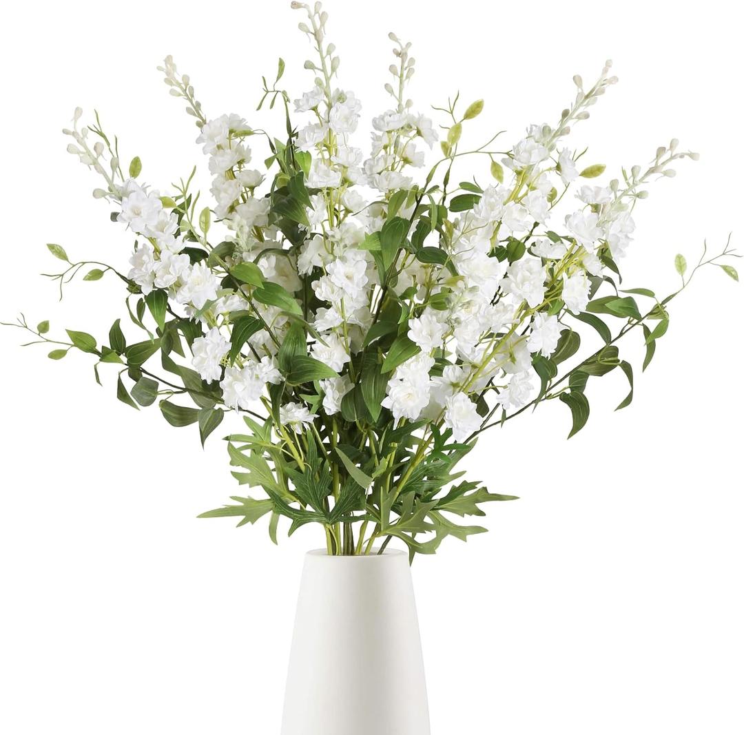 IPOPU White Flowers Artificial Delphinium 9PCS with Clematis Greenery for Wedding & Home Decor