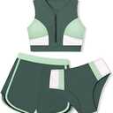 Girls Swimsuit 3 Piece Color Block Zipper Front Bathing Suit Bikini Set with Shorts Sporty Girls' Swimwear (9-10)
