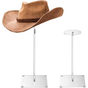 2Pcs Acrylic Hat Stand and Wig Display Rack, 16.9" Clear Hat Rack Stand for Display, Adjustable Height Hat Holder, Square Barbell Base Display for Jewelry Watch Helmets