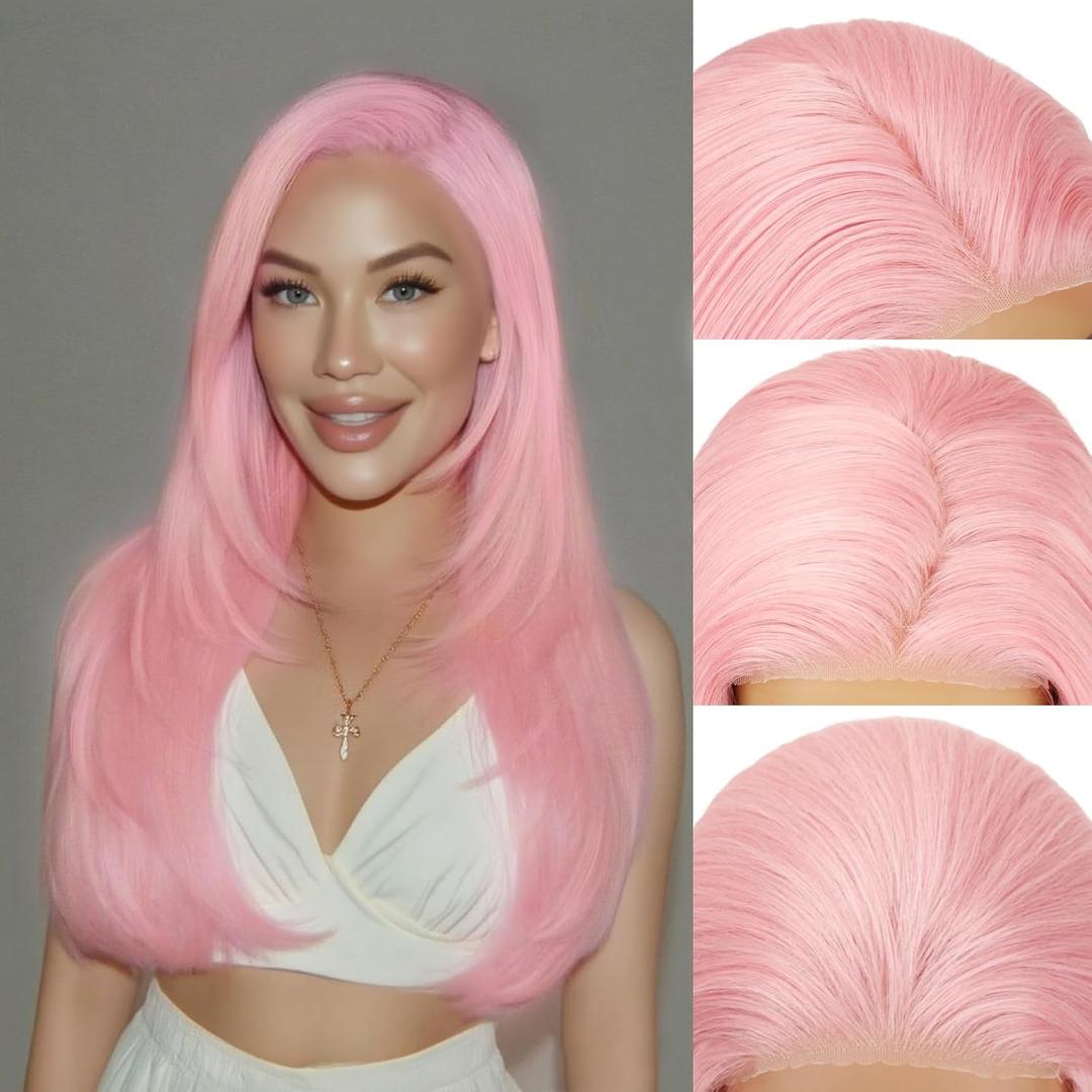 Pink Lace Front Wig for Women Pre-Plucked Pre Cut Glueless Long Straight Layered Synthetic Ready to Wear Wig 4x6 HD Lace for Girls Party Cosplay and Daily Use 26 Inch