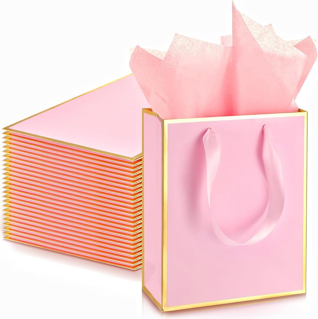 Yeaqee 24 Pack Metallic Paper Gift Bags with Handle and Tissue 9x7x3.1 Gold Foil Welcome Thank You Favor Bags Return Gifts for Wedding Mothers Graduation Bridesmaid Birthday(Pink Gold)