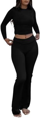 AYWA Women's 2 Piece Outfits Foldover Flare Pants Long Sleeve Crew Neck T-shirt Fitted Pajama Sets, XL