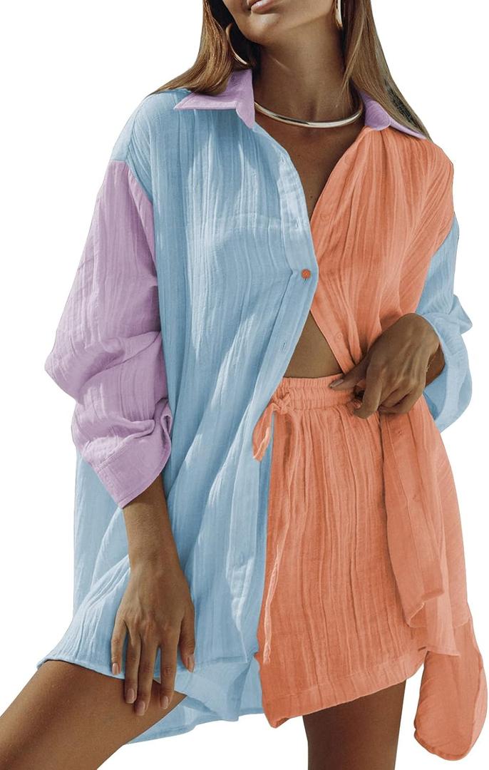 Linsery 2 Piece Summer Outfits Button Down Shirt Top and Shorts Casual Lounge Sets (Medium, Grapefruit Orange)