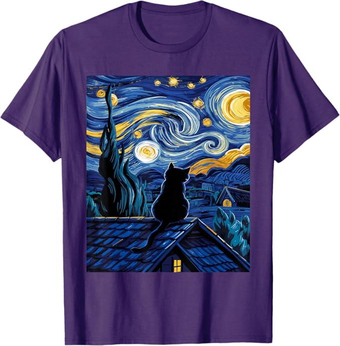 Cat Starry Night Van Gogh Cat Art Lover Funny Cat T-Shirt, Size XL