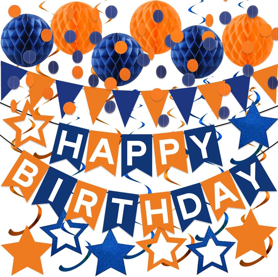 Blue & Orange Birthday Party Decorations - Happy Birthday Banner, Honeycomb Balls, Swirls, Circle Dot Garland, Triangle Flags Bunting