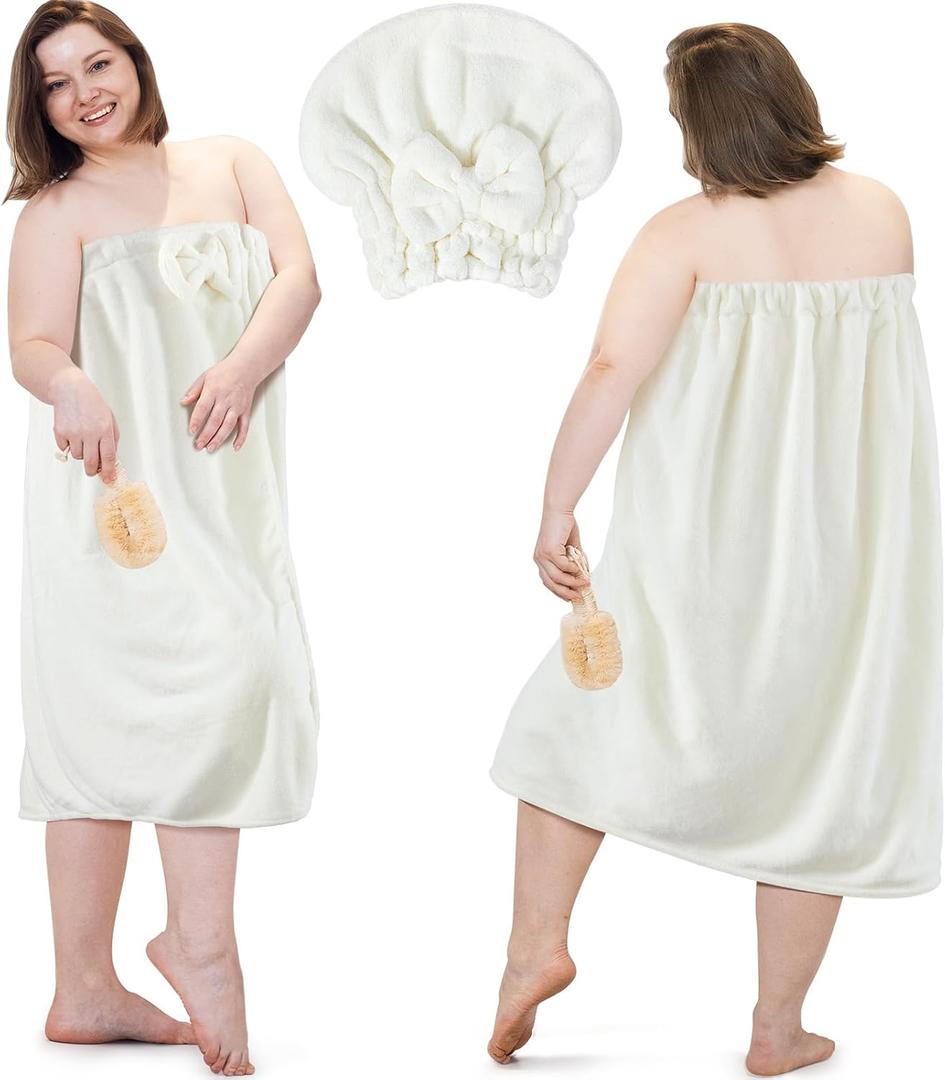 Xtinmee 2 Sets Womens Wrap Towel with Hair Towel Bath Towel Wrap Shower Dress Towel Spa Wraps for Women's Bathrobe (White, Plus Size)