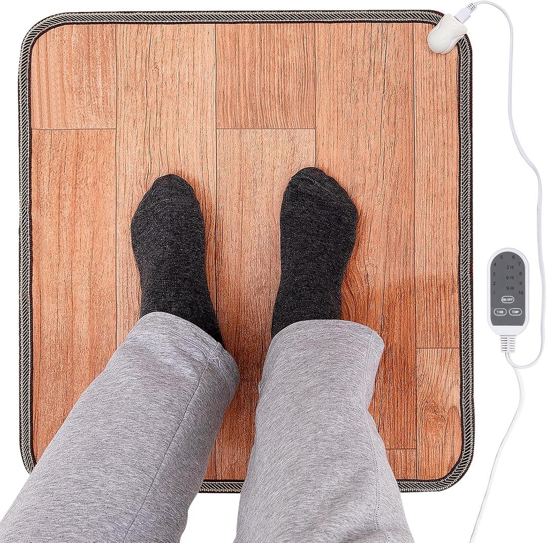 Heated Floor Mat - Foot Warmer Under Desk, 19.7x21.7in Heated Feet Rest for Home Office Desk, Winter 110V Electric Heating Pad with 3 Timers & 10 Adjustable Temperature