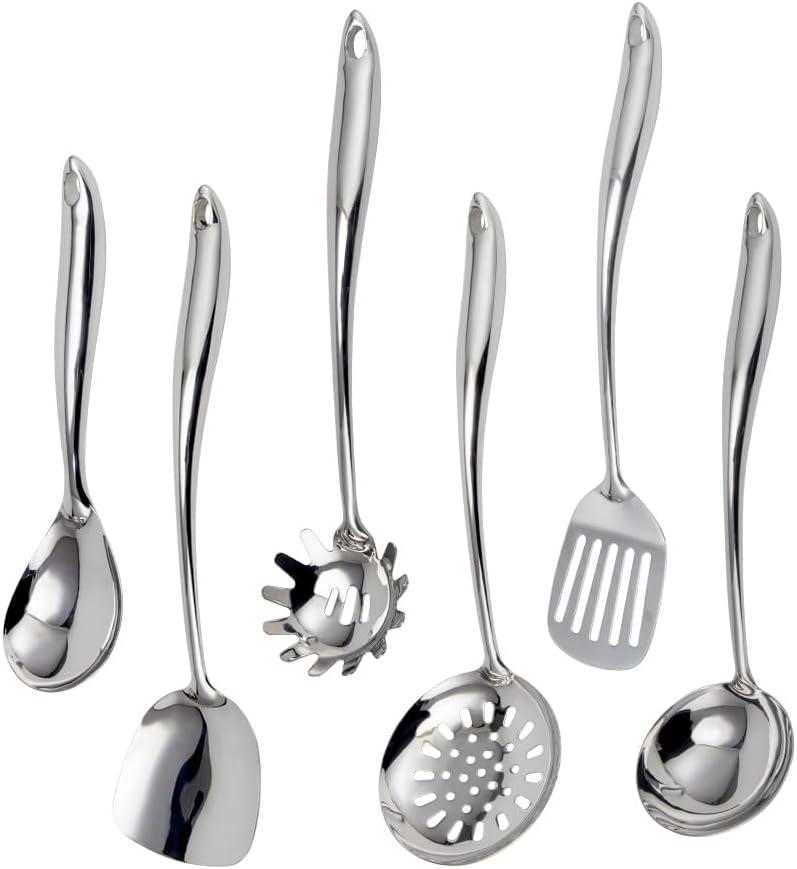 304 Stainless Steel Kitchen Utensils Set, VALESKA 6PCS Metal Cooking Utensils Set, Wok Spatula, Ladle, Skimmer Slotted Spoon, Pasta Spoon, Serving Large Ladle, Slotted Spatula Tunner (Mirror Polished)