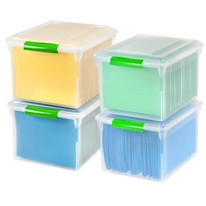 IRIS USA File Box File Organizer Plastic File Box for Letter/Legal File, BPA-Free Plastic Storage Bin Tote Organizer w/ Secure Latching Lid and Easy-Slide Pad, Clear 35 Qt. 4Pack