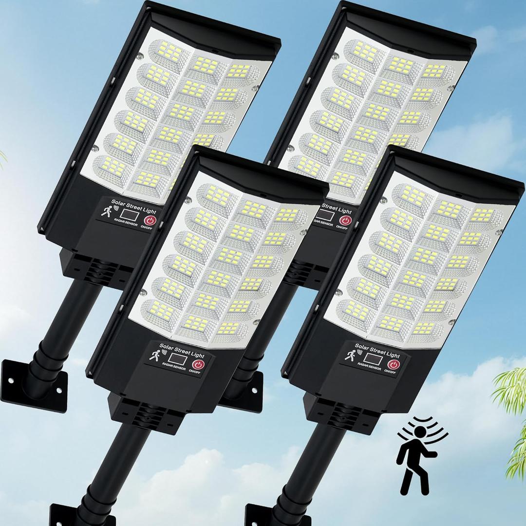 Solar Street Lights Outdoor, Waterproof Motion Sensor Solar Lights with Remote Control, 6500K Dusk to Dawn Parking Lot Flood Light for Outside Garage Yard, 4 Pack