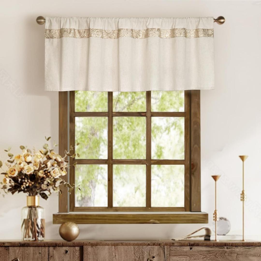Cotton Linen Kitchen Valance Curtains with Shimmering Gold Embroidered Strip Modern Elegant 16 inches Neutral Farmhouse Short Valance for Window Treatment