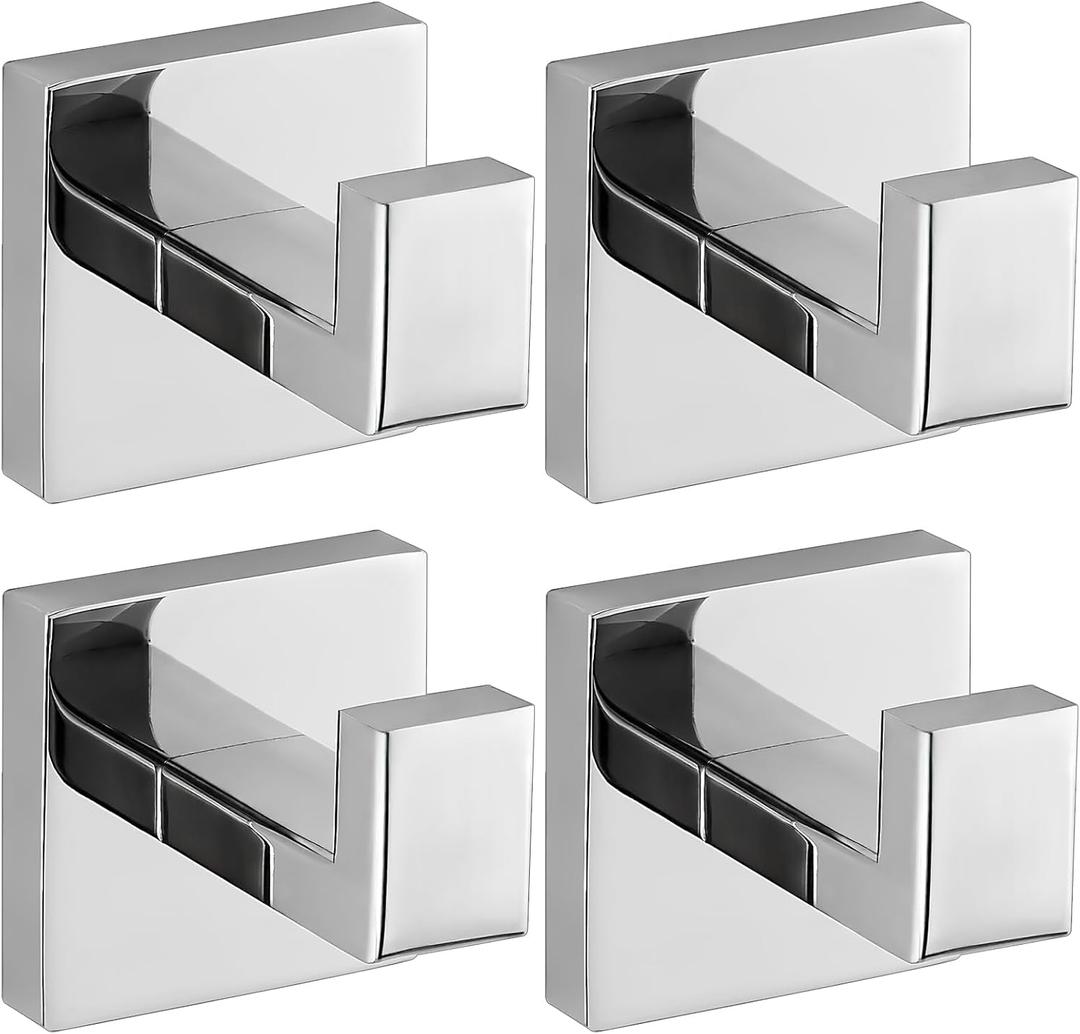 Chrome Polished Towel Hooks for Bathrooms, Heavy Duty Wall Mounted Stainless Steel Modern Hook, 4 Pack  Ideal for Hanging Towels, Robes, Coats, in Kitchen, Bedroom, Bathroom, or Hotel