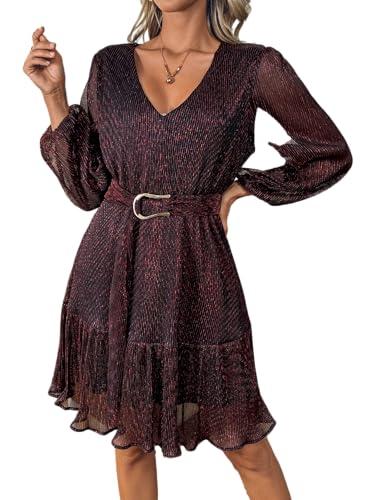 Woman Shiny Threads Dress Long Sleeve Lined with Belt V Neck Mini Pleated Dress (hongse, S) Red