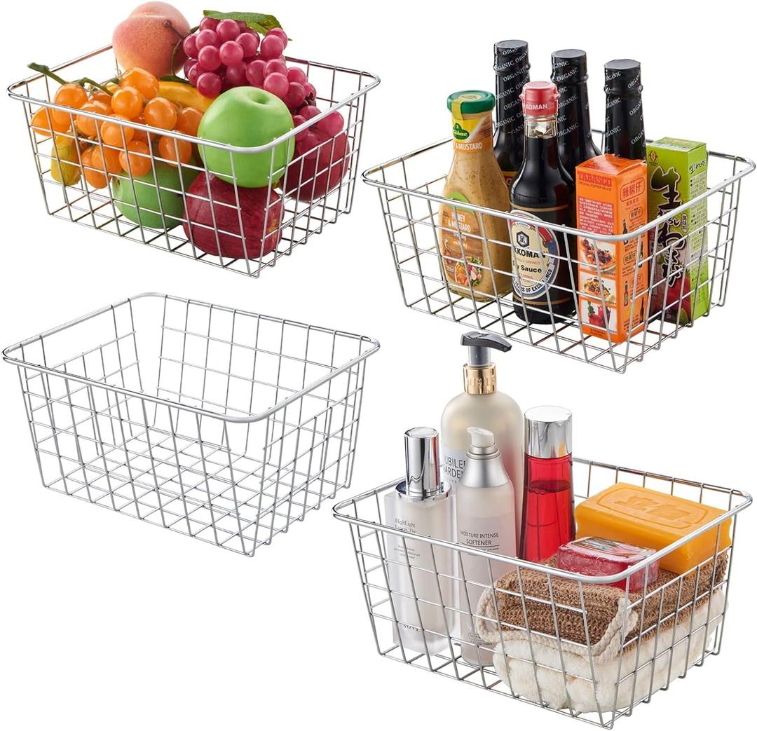 Wire Kitchen Storage Basket 4 Packs,Perfect Pantry Organization Accessories Baskets,Laundry Basket,Countertop Organization,Suitable for Kitchen,Bathroom,Bedroom,Tabletop,Stackable,Chrome