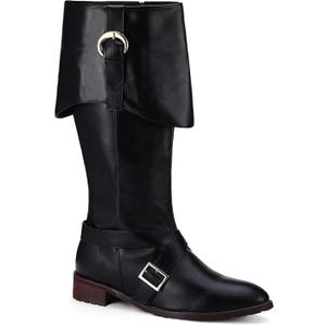 Jiuguva Pirate Boots Men Medieval Renaissance Boots Halloween Costume Caribbean Leather Long Shoes Women Riding Cosplay (11.5-12.5 Women/10-11 Men, Black)