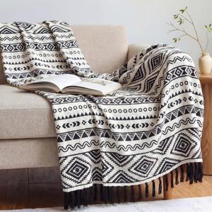 Boho Throw Blanket for Couch - Farmhouse Rustic Soft Blanket with Tassel, Western Aztec Vintage Blanket, Bohemian Cozy Blanket, Gifts for Women(50x60 Inches, Black and White)