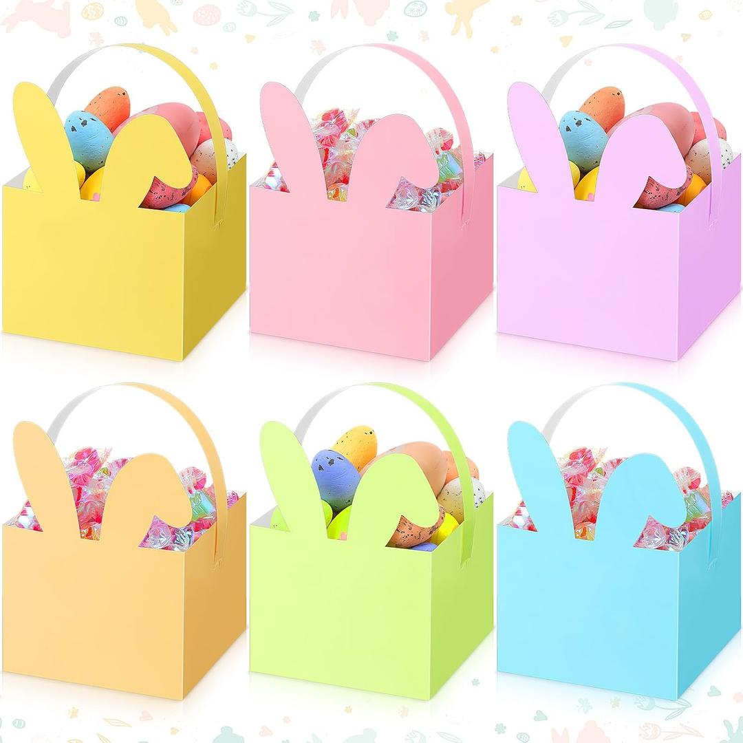 Kolldenn 48 Pcs Small Easter Basket Bulk Mini Pastel Bunny Candy Boxes with Handle, Gift Basket Containers, Candy Goody Cookie Treat Box for Easter Spring Party Favor