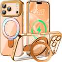 Magnetic for iPhone 17 Pro Max Case with Invisible Stand[Compatible with MagSafe][Full Camera Lens Protector][Military Drop Protection] Shockproof Not Yellowing Clear Slim Soft for Women Men (Orange)