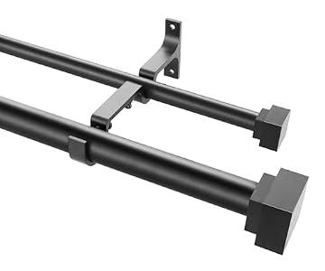 1 Inch Modern Double Window Curtain Rods, 36-72 Inch Adjustable Telescoping Heavy Duty StylishDrapery Rods Decorative Solid Square Allufer Finials for Dual Curtain Rod Window Treatment, Matte Black