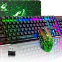 Wireless Gaming Keyboard and Mouse Combo with Mouse Pad, Rechargeable 2.4GHz Full-Size Keyboard and 2400 DPI Mouse, Rainbow Backlit, Quiet Mechanical Feel, 29-Key Anti-Ghosting for PC Mac Gamer