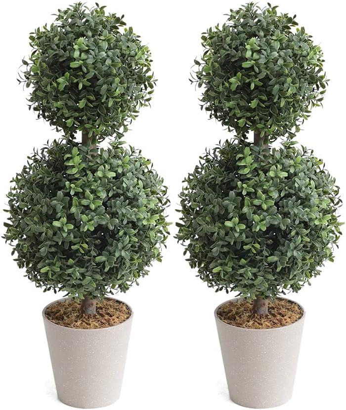 momoplant Artificial Topiary Double Ball Trees 24 Inch Fake Greenery Plants Ball Topiary Tree for Porch,Home,Garden Decor (Set of 2)