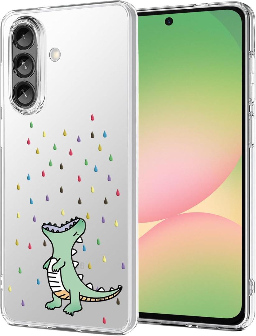 Unov Case Designed for Galaxy A56 5G, Crystal Clear Phone Case with [Anti-Slip Embossed Pattern], Shockproof Slim Protective [Anti-Yellowing TPU] Back Cover, Rainbow Dinosaur