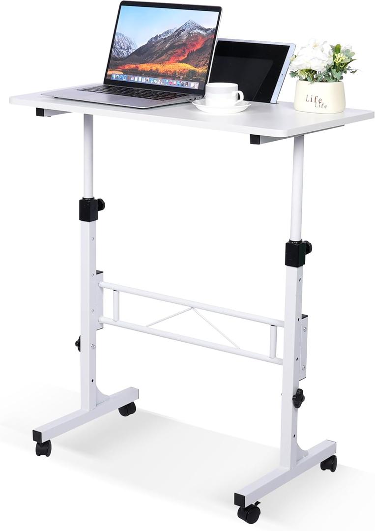 KLSMYHOKI Standing Desk Adjustable Height, Mobile Stand Up Desk with Wheels Small Computer Desk Rolling Desks, Portable Laptop Desk White Standing Table Home Office Desks 16"x31.5" Height 27"-43.5" (White)