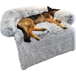 Calming Dog Bed Fluffy Plush Dog Mat for Furniture Protector with Removable Washable Cover for Large Medium Small Dogs and Cats (Large, Light Grey) (45.0"L x 37.0"W x 6.0"Th)