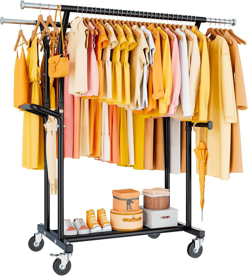 800LBS Heavy Duty Clothes Rack: Rolling Clothing Rack for Hanging Coat Double Rods Portable Wardrobe Garment Racks with Wheels Shelf Sturdy Metal Adjustable Bedroom Laundry Living Room (Black)