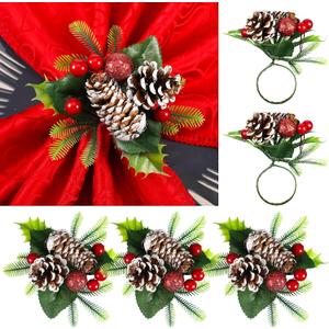 Patelai Christmas Napkin Rings Set of 6 Pine Cone Napkin Rings Holders with Berries Leaves Xmas Serviette Buckle Holder for Christmas, Dinner, Parties, Wedding, Holiday Dining Table Decor