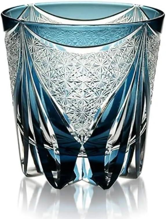 Edo Kiriko Whiskey Glass  Elegant Japanese Style Deep Blue Glass with Chrysanthemum & Flame Motif, Hand-Cut Spirits Tumbler for Whiskey & Cocktails