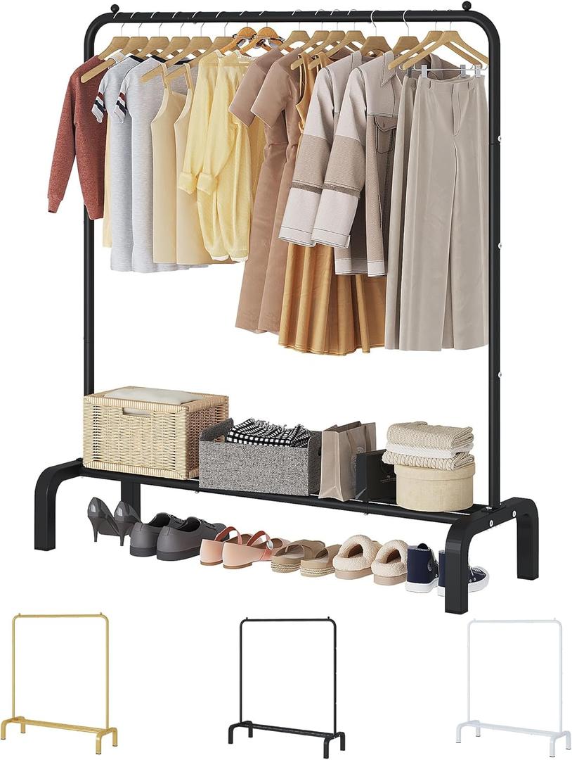JIUYOTREE Metal Clothing Rack, 43.3 Inches Garment Rack with Bottom Shelf for Hanging Clothes, Coats, Skirts, Shirts, Sweaters, Black (43.3"W x 15.75"D x 61"H without wheels)
