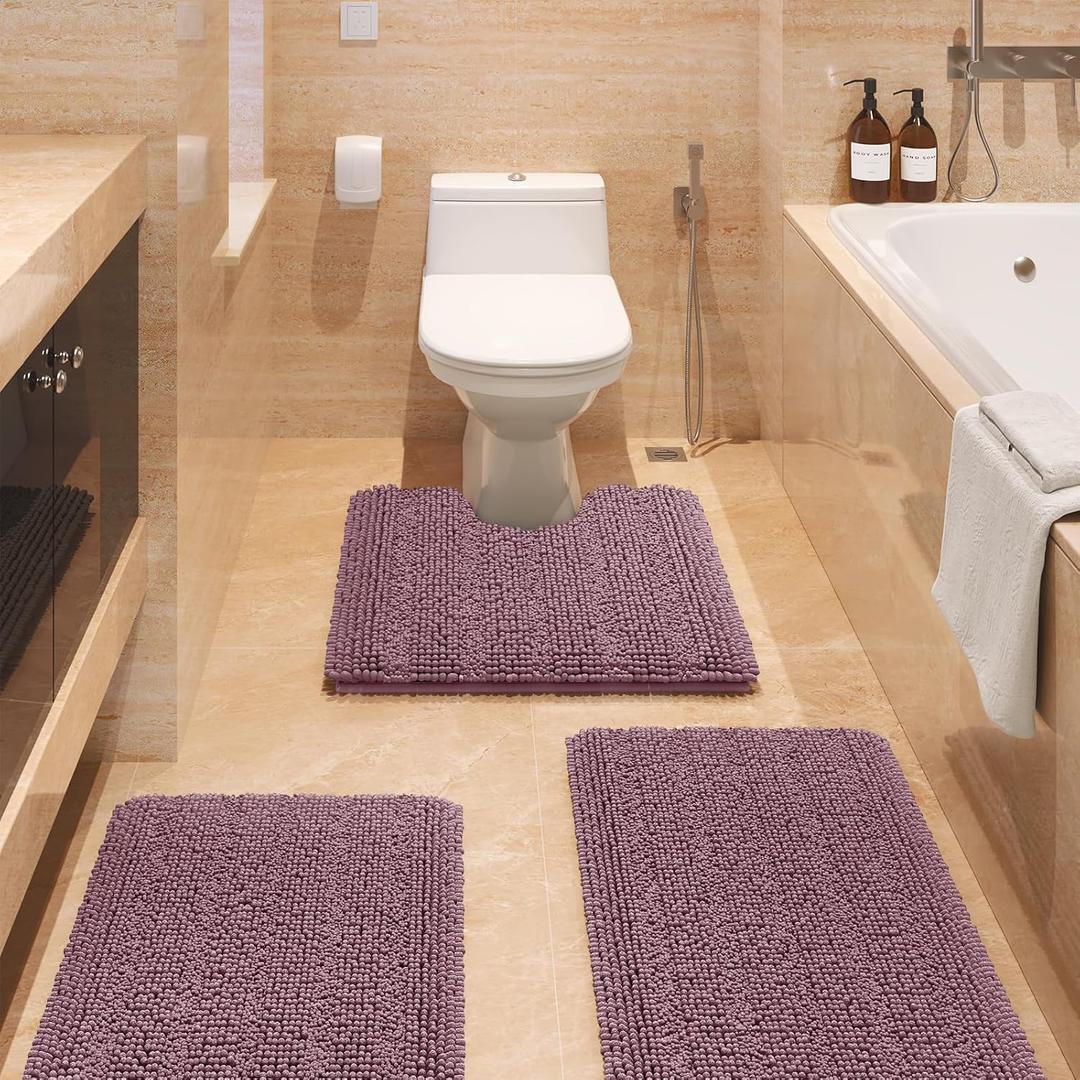 Striped Mauve Bathroom Rug Set 3 Pieces Ultra Soft, Non Slip Chenille Bath Carpet, Absorbent Plush Shaggy Bath Mats for Bathroom, Toilet, Bedroom, Kitchen (20"x32"+17"x24"+U Shape 20"x24")