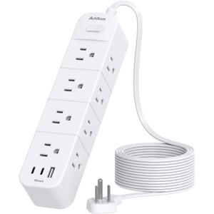 Surge Protector Power Strip 15 ft Cord, Flat Plug Extension Cord with 12 Outlets 3 USB Ports(2 USB C), Long Cord Power Strips with Surge Protection 15ft for Home Office Dorm Room Essentials