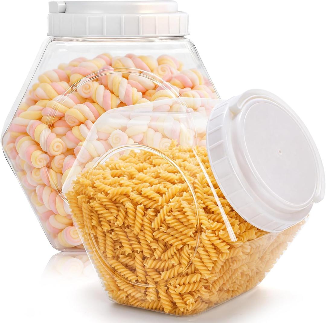 SOUJOY 2 Pack Plastic Candy Jar with Lid, 1 Gallon Cookie Containers for Kitchen Counter, Clear Hexagon Candy Display for Snacks, Dog Treats, Craft and Sewing Supplies, Coffee Pod, Laundry Pod
