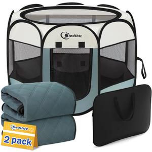 Dog Playpen with 2 Washable Pee Pad, Puppy Pet Cat Playpen Small AnimalsTent Crate Indoor/Outdoor, Portable Pop Up Kennel with Carrying Case(Grey with 2 Pads, Small)