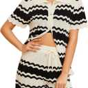 Moreone 2 Piece Lounge Set Women Short Sleeve Striped Crochet Knit Sets Two Piece Button Up Pajamas with Drawstring Shorts (Large, Black)